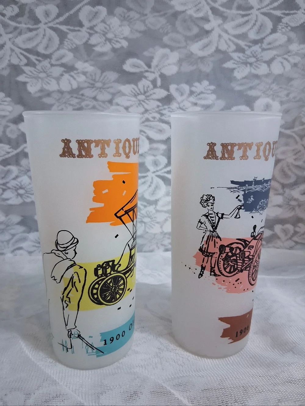 Vintage Anchor Hocking Antique Autos Glasses Highball Tall Drinking Barware Pair